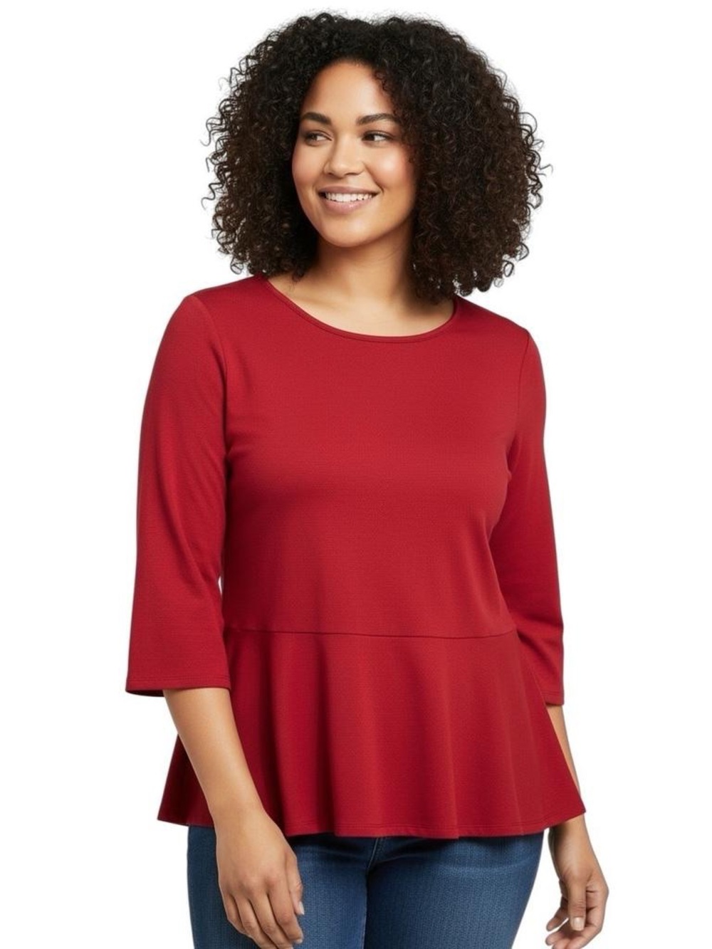 Ralph Lauren Red Peplum Ponte Stretch Top Keyhole Back 3/4 sleeve Size Small